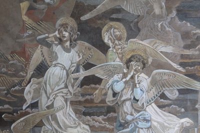 Ancienne peinture à la détrempe Anges croquis pour fresque 19ème siècle. grande qualité. Mes 108 x 84