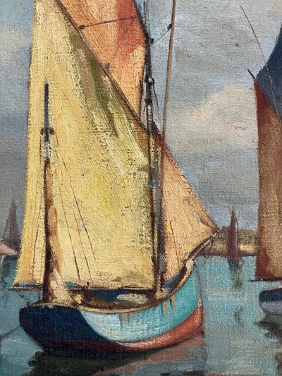 Dipinto HST Marine "Barche a vela in porto", inizio XX secolo, firmato