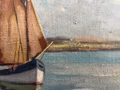 Dipinto HST Marine "Barche a vela in porto", inizio XX secolo, firmato