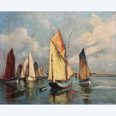 Dipinto HST Marine "Barche a vela in porto", inizio XX secolo, firmato