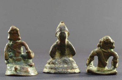 India, 18th-early 19th century, Rare Set of Three Bronze Miniature Statues.