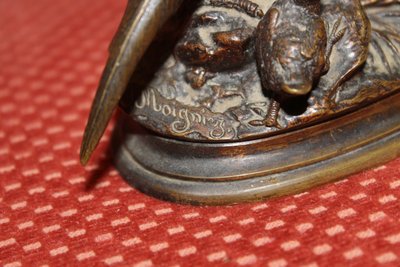 Jules Moigniez bronze sculpture: Pheasant hen and her young signed on the terrace c. 19th century