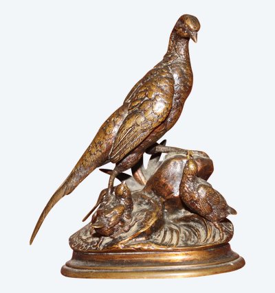 Jules Moigniez bronze sculpture: Pheasant hen and her young signed on the terrace c. 19th century