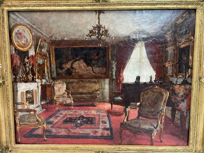 Henri Charles Antoine Baron - Vue d'Intérieur Salon Huile Sur Toile Fin XIXème
