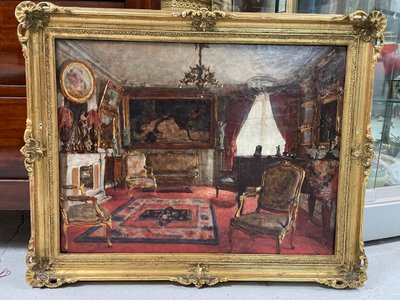 Henri Charles Antoine Baron - Vue d'Intérieur Salon Huile Sur Toile Fin XIXème