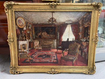 Henri Charles Antoine Baron - Vue d'Intérieur Salon Huile Sur Toile Fin XIXème