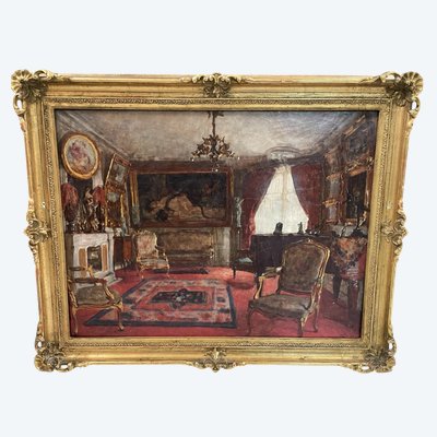 Henri Charles Antoine Baron - Vue d'Intérieur Salon Huile Sur Toile Fin XIXème