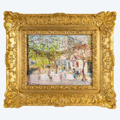 Serge Belloni (1925-2005), "Montmartre Chez Plumeau", Huile sur Bois, Vers 1980