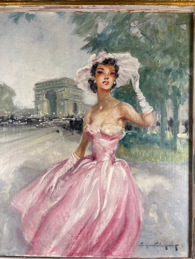 Eugène LELIÈPVRE (1908-2013) - Elegante Frau in rosafarbenem Kleid vor dem Arc de Triomphe, Paris