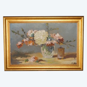 Scuola francese intorno al 1930. Bouquet di crisantemi. Olio su pannello. Firmato LECOMTE. Arte deco.  Provenza.