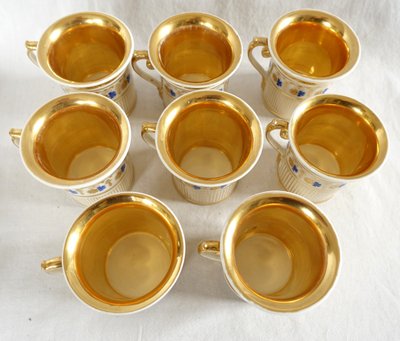 Service à café complet pour 8, porcelaine dorée et bleue, époque Empire Restauration - 11 pièces