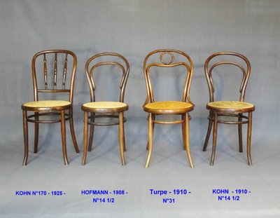 Set of 4 cane bistro chairs, 1905 to 1925, Kohn, Turpe , Hofmann .