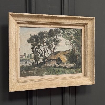 Oil on canvas landscape with Vendée basket by C. Bonno 1949