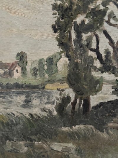 Oil on canvas landscape with Vendée basket by C. Bonno 1949