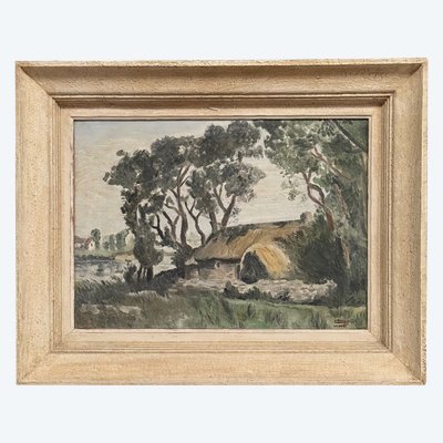 Oil on canvas landscape with Vendée basket by C. Bonno 1949