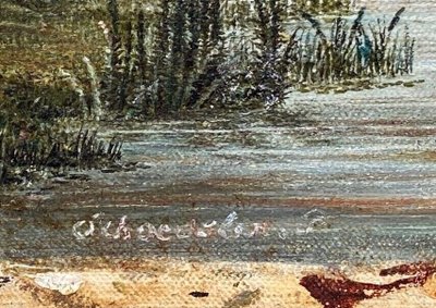 Huile sur toile XIXe paysage bord de rivière cadre palmettes et cannelures