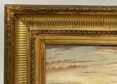 Huile sur toile XIXe paysage bord de rivière cadre palmettes et cannelures