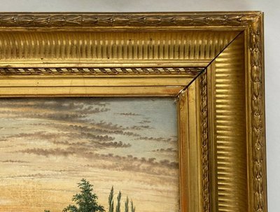 Huile sur toile XIXe paysage bord de rivière cadre palmettes et cannelures