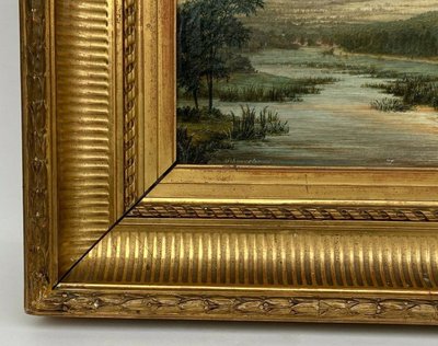 Huile sur toile XIXe paysage bord de rivière cadre palmettes et cannelures