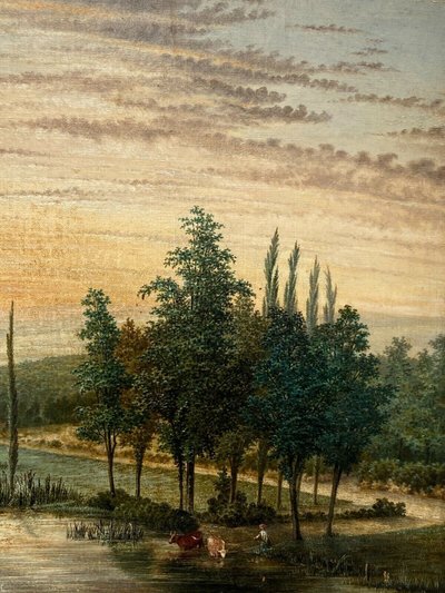 Huile sur toile XIXe paysage bord de rivière cadre palmettes et cannelures
