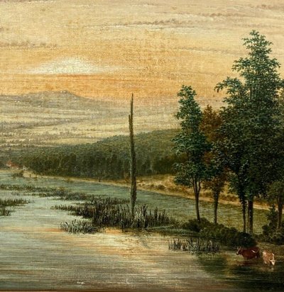 Huile sur toile XIXe paysage bord de rivière cadre palmettes et cannelures