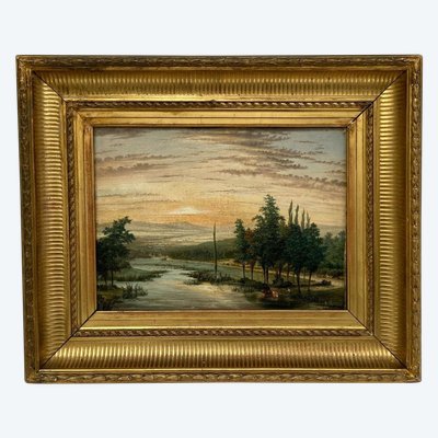 Huile sur toile XIXe paysage bord de rivière cadre palmettes et cannelures
