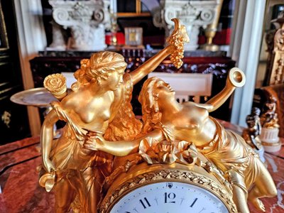 Clock "with Bacchantes" Gilt Bronze and Marble