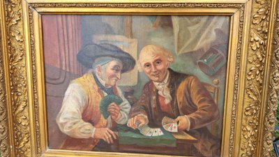 Tableau école Italienne huile sur toile  joueurs de cartes XIXème