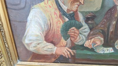Tableau école Italienne huile sur toile  joueurs de cartes XIXème