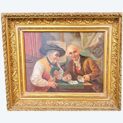 Tableau école Italienne huile sur toile  joueurs de cartes XIXème