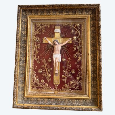 Large Reliquary Paperolles - Christ on the Cross - 19th Century