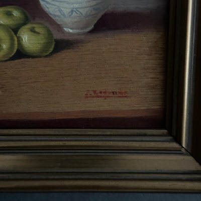 Oil on panel still life with fruit and earthenware jug 20th century