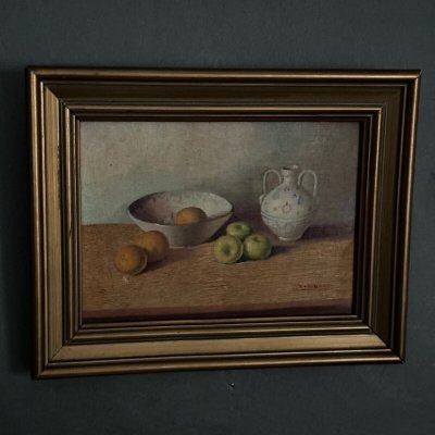 Oil on panel still life with fruit and earthenware jug 20th century