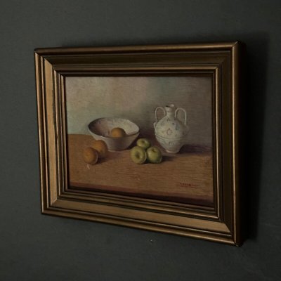 Oil on panel still life with fruit and earthenware jug 20th century