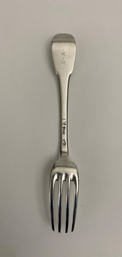 18th century silver fork with farmers general hallmark, monogram NM