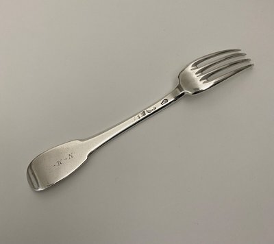 18th century silver fork with farmers general hallmark, monogram NM