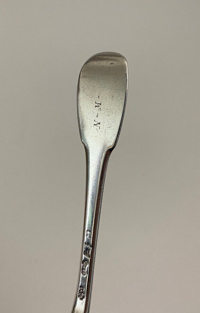 18th century silver fork with farmers general hallmark, monogram NM