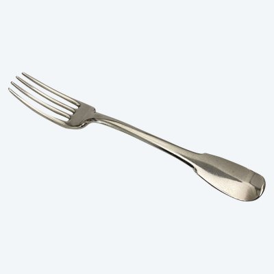 18th century silver fork with farmers general hallmark, monogram NM