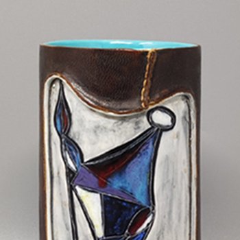 1950 Magnifique Vase en Céramique Marcello Fantoni Enveloppé de Cuir. Fabriqué en Italie