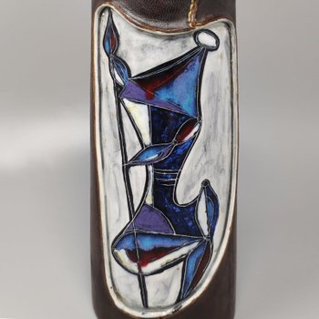 1950 Magnifique Vase en Céramique Marcello Fantoni Enveloppé de Cuir. Fabriqué en Italie