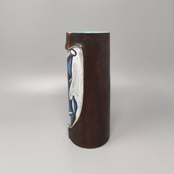 1950 Magnifique Vase en Céramique Marcello Fantoni Enveloppé de Cuir. Fabriqué en Italie