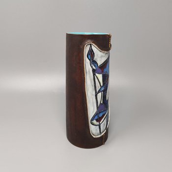 1950 Magnifique Vase en Céramique Marcello Fantoni Enveloppé de Cuir. Fabriqué en Italie