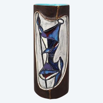 1950 Magnifico vaso di ceramica Marcello Fantoni avvolto in pelle. Fatto in Italia