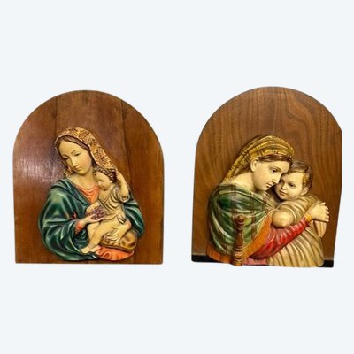 Ancient couple Virgin with Child of capoletto. Tuscany 1940, painted, size 48x33 cm