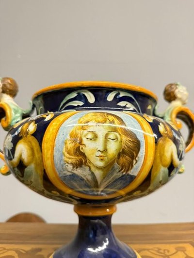 Majolica centerpiece with mask handles '800 Naples size 32x40