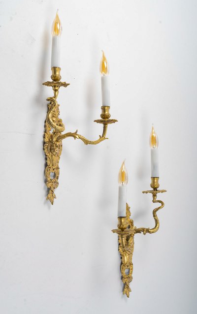 Pair of French Louis XV Period Gilt Bronze Sconces with C Crown Mark circa 1745-1749