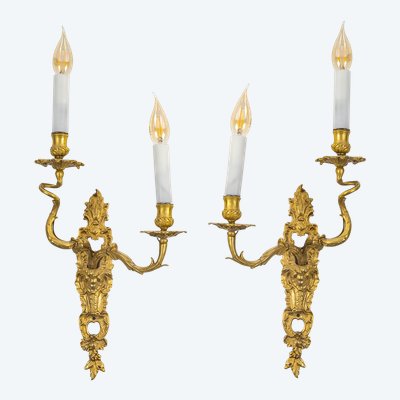 Pair of French Louis XV Period Gilt Bronze Sconces with C Crown Mark circa 1745-1749