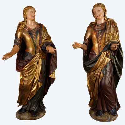 Coppia di fanciulle lignee policrome veneziane 