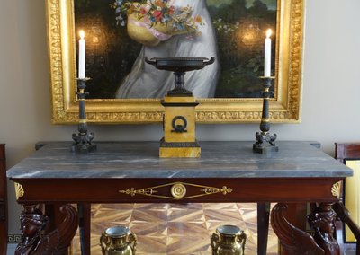 Large Tazza cup in patinated bronze and yellow Siena marble - Empire style, Charles X period