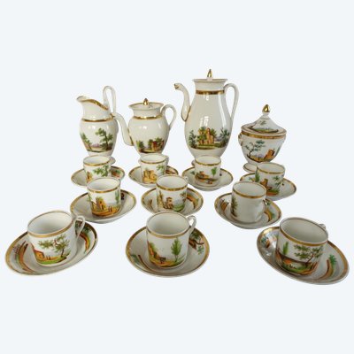 Empire coffee service in Paris porcelain gilded with fine gold & Italian landscapes - circa 1820